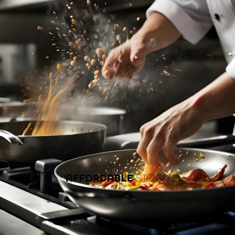 A chef tosses food into a pan on a stove