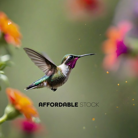 A hummingbird in flight with a flower in the background