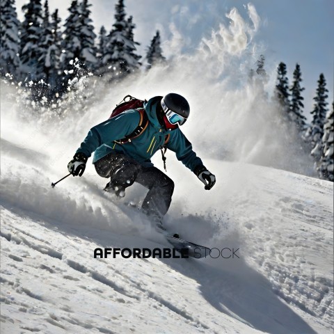 Skier in a blue jacket going down a snowy hill