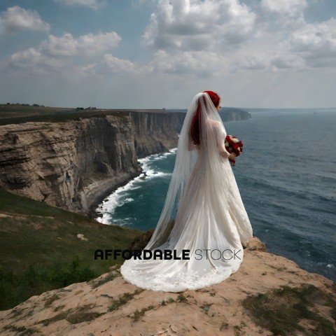 A bride in a white dress stands on a cliff overlooking the ocean