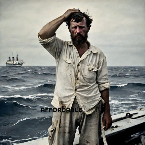 A man with a beard and dirty clothes standing on a boat