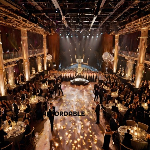 A large group of people dressed in formal attire are gathered in a ballroom