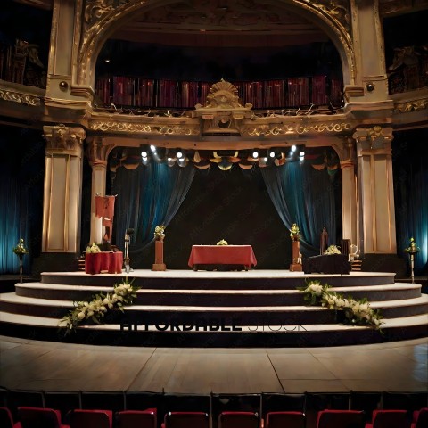 A grand theater with a red curtain and gold trim