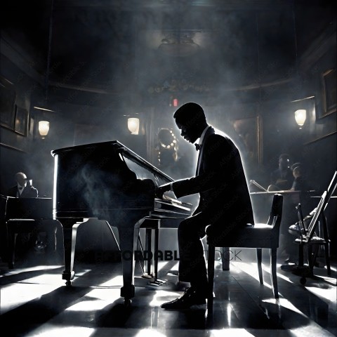A man in a suit plays the piano in a dimly lit room