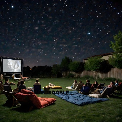 A group of people are watching a movie at night in a backyard