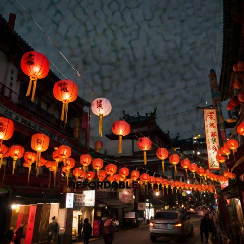People walking on a street at night with many red lanterns