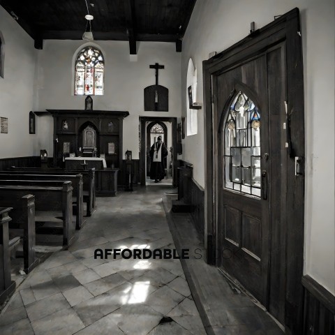 A church with a wooden door and stained glass windows