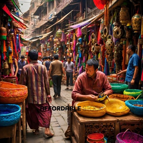 A man sits at a table in a marketplace, surrounded by colorful baskets and bowls