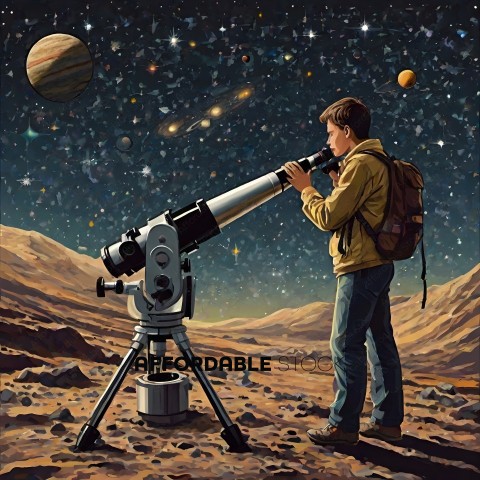 A boy looking through a telescope at the stars