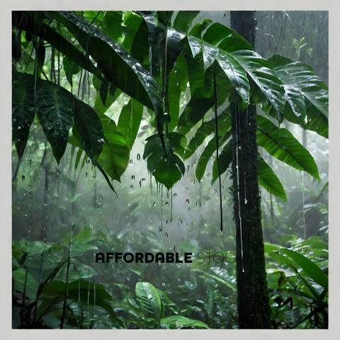 A rainforest with a lot of plants and water droplets