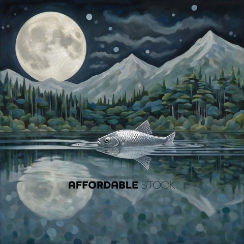 A painting of a fish in the water at night with a full moon in the background