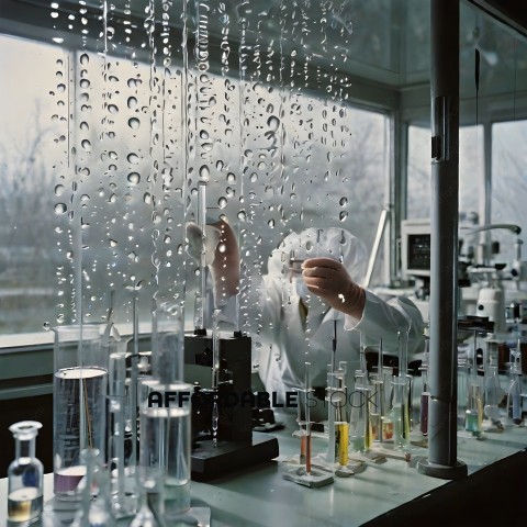 A scientist in a lab setting with a lot of glassware