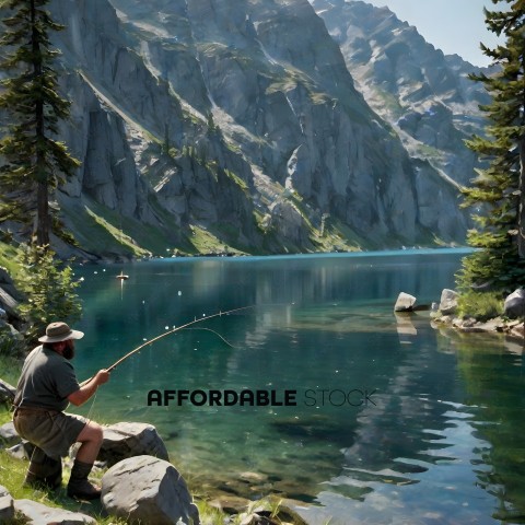 Man Fishing in a Mountain Lake