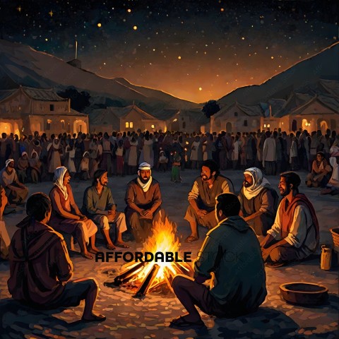 A group of people sitting around a fire at night