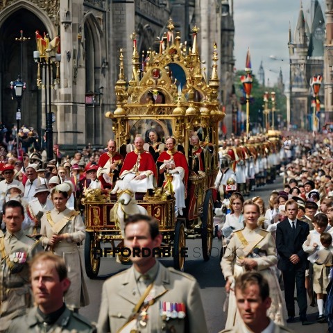 A parade of people in red and white uniforms riding in a gold carriage