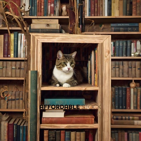 A cat sitting on a bookshelf surrounded by books