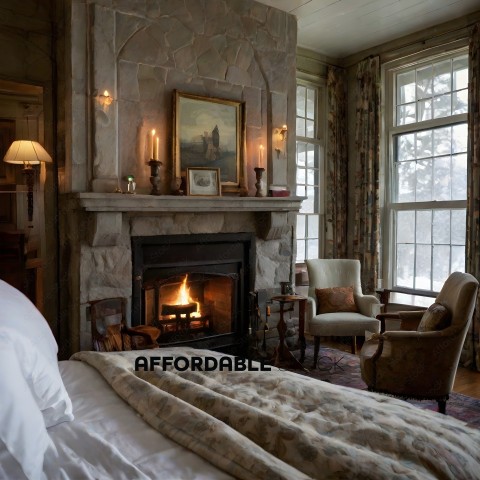 A cozy bedroom with a fireplace and a chair