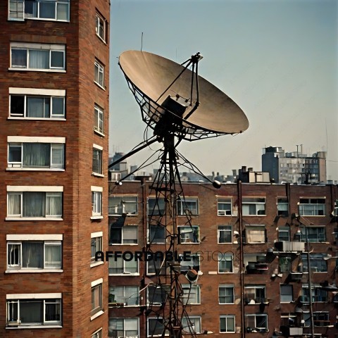A satellite dish on a building in a city