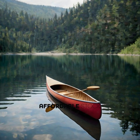 A Red Canoe Sits in the Water with Mountains in the Background