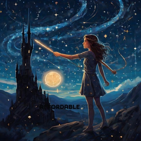 A girl with a wand in front of a castle with stars