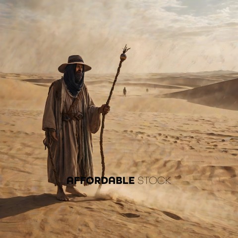 A man in a desert holding a stick