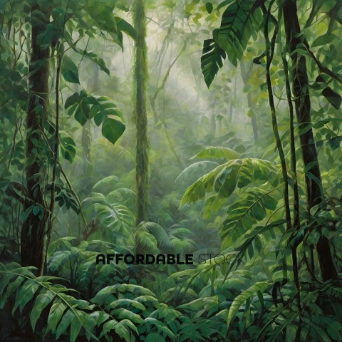 A painting of a dense forest with a lot of greenery