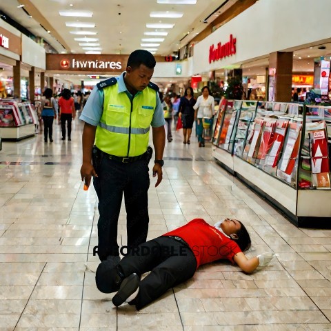 A police officer is standing over a woman who is lying on the floor of a mall