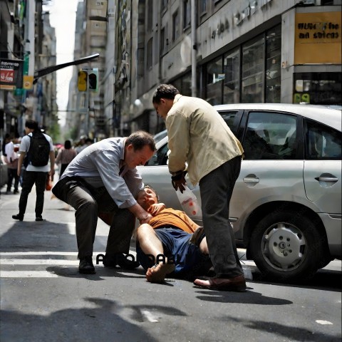 Two men helping a man lying on the ground