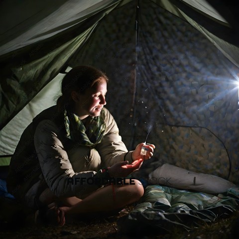 A woman sitting in a tent holding a flashlight