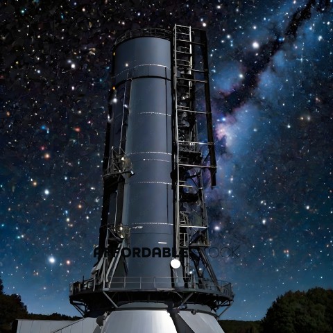 A large telescope with a blue dome and a starry sky
