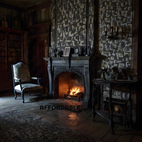 A fireplace with a chair and books in the background