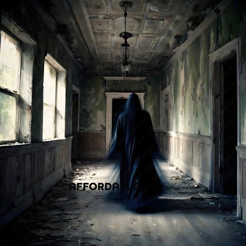 A person in a black cloak is walking through a dilapidated room