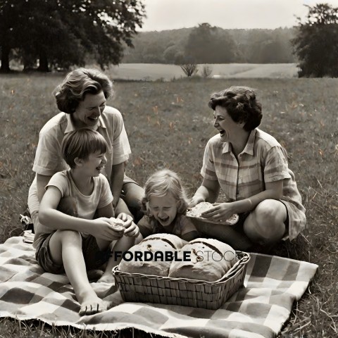 A family of four sitting on a blanket in a field eating bread