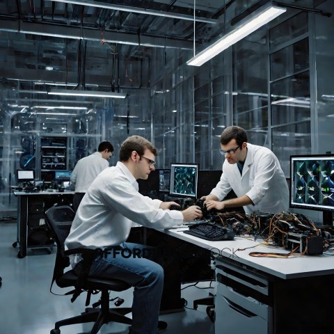 Two men working on computers in a lab