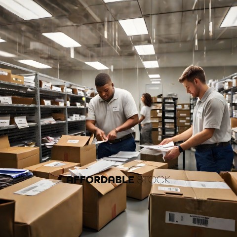 Two men in a warehouse looking at paperwork