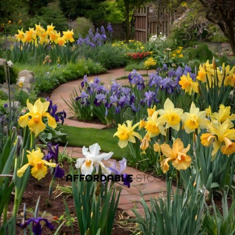A garden with a pathway surrounded by yellow and blue flowers