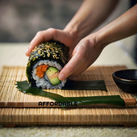 A person is cutting a sushi roll