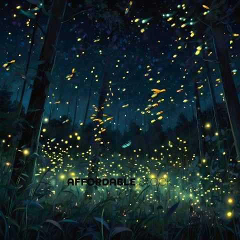 A forest at night with a lot of lightning bugs