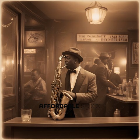 A man playing a saxophone at a bar