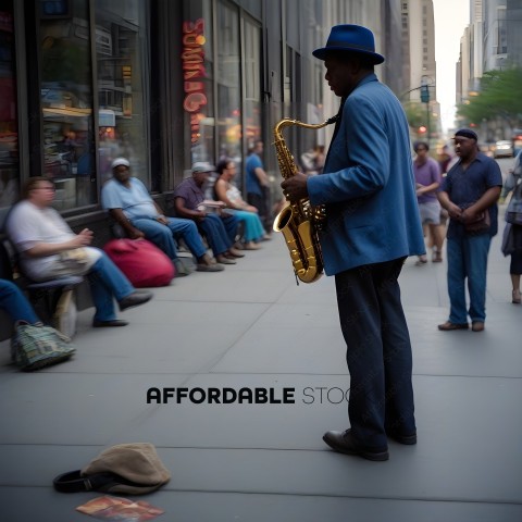 A man playing a saxophone on a sidewalk