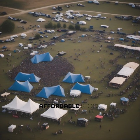 A large group of people are gathered in a field with tents