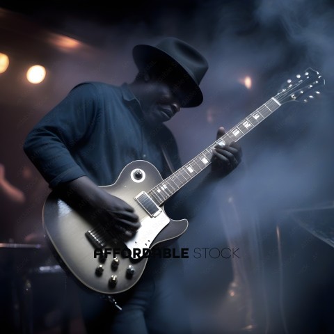 A man playing a guitar in a dark room