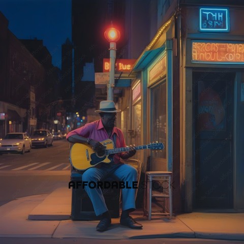 A man playing guitar on a street corner at night