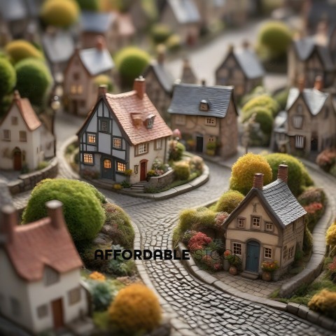 A model of a small town with a cobblestone road