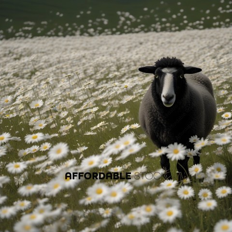 A black and white sheep standing in a field of white flowers