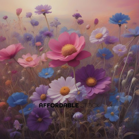 A field of flowers with a pink flower in the center