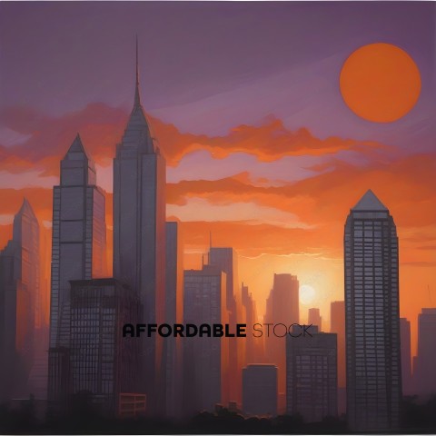 A cityscape with a sunset and a full moon