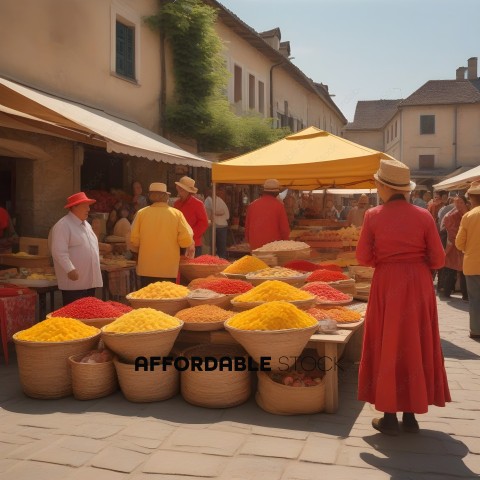 A market scene with people and a woman in a red dress