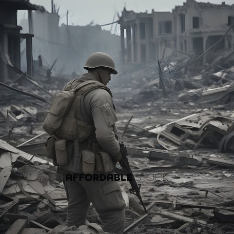 A soldier standing in a destroyed city