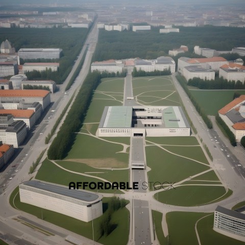 A large building with a circular driveway and a circular roadway